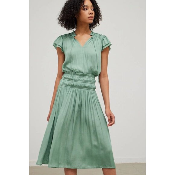 GRADE & GATHER V-NECK SATIN RUFFLE Midi DRESS IN DUSTY ORCHID Size L - Picture 3 of 13